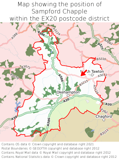 Map showing location of Sampford Chapple within EX20