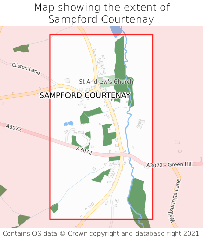 Map showing extent of Sampford Courtenay as bounding box