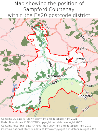 Map showing location of Sampford Courtenay within EX20