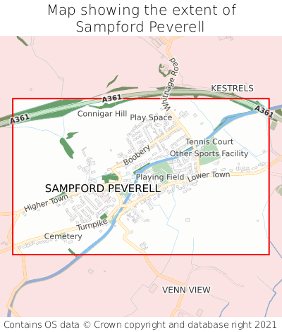 Map showing extent of Sampford Peverell as bounding box