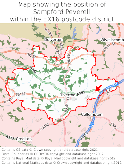 Map showing location of Sampford Peverell within EX16