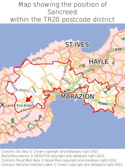 Map showing location of Sancreed within TR20