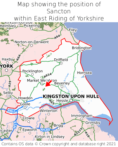 Map showing location of Sancton within East Riding of Yorkshire