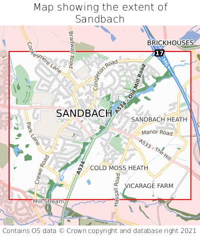 Map showing extent of Sandbach as bounding box