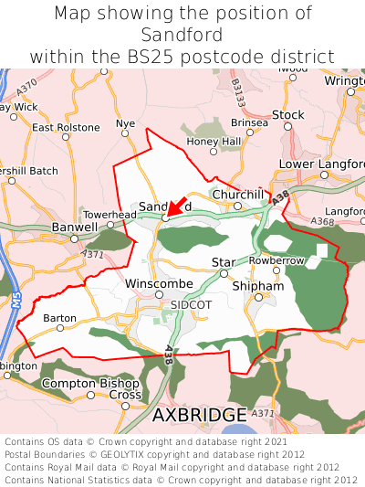 Map showing location of Sandford within BS25
