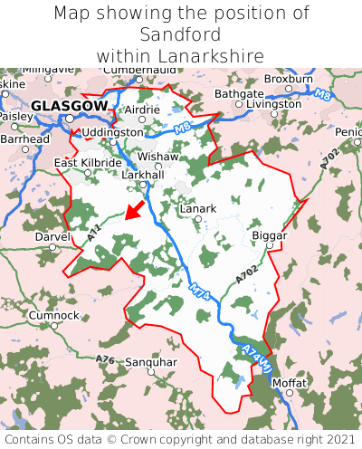 Map showing location of Sandford within Lanarkshire