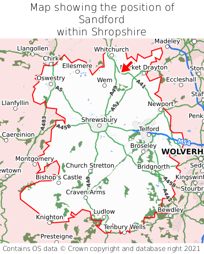 Map showing location of Sandford within Shropshire