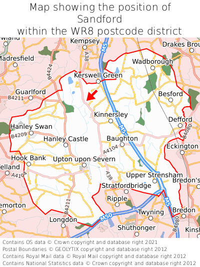Map showing location of Sandford within WR8