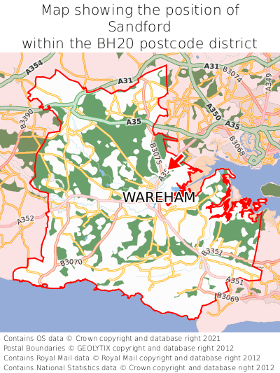 Map showing location of Sandford within BH20