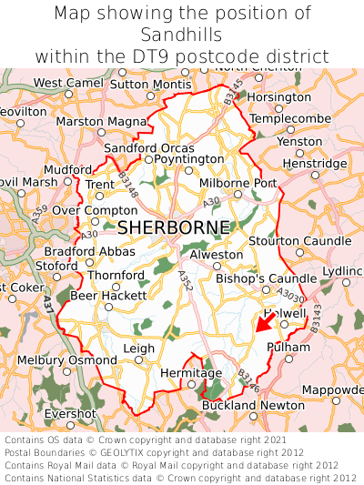 Map showing location of Sandhills within DT9