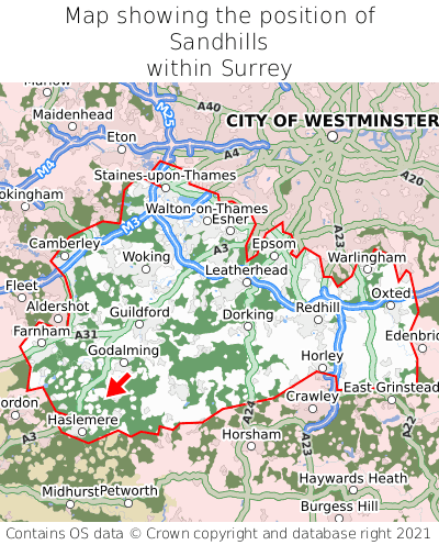 Map showing location of Sandhills within Surrey