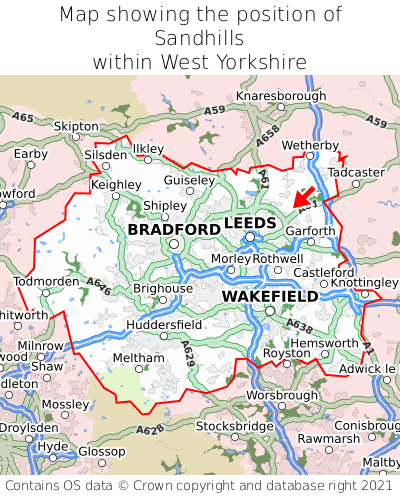 Map showing location of Sandhills within West Yorkshire