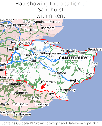 Map showing location of Sandhurst within Kent