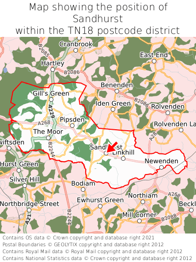 Map showing location of Sandhurst within TN18