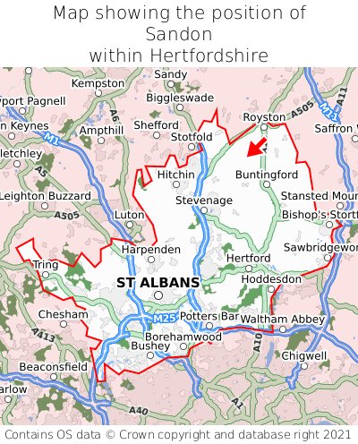 Map showing location of Sandon within Hertfordshire