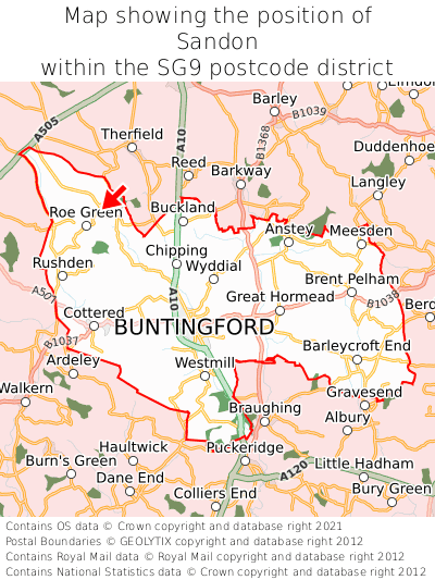 Map showing location of Sandon within SG9