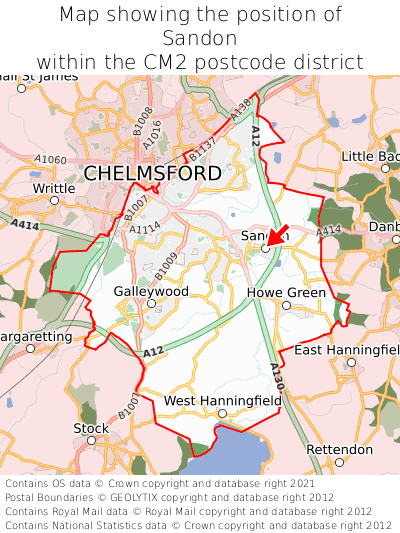 Map showing location of Sandon within CM2