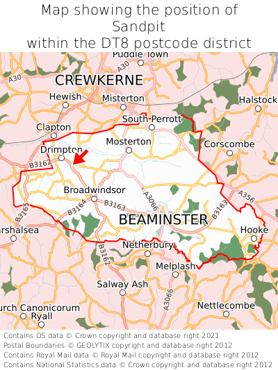 Map showing location of Sandpit within DT8