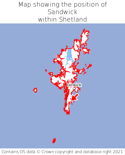 Map showing location of Sandwick within Shetland