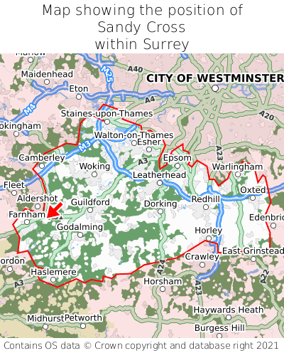 Map showing location of Sandy Cross within Surrey