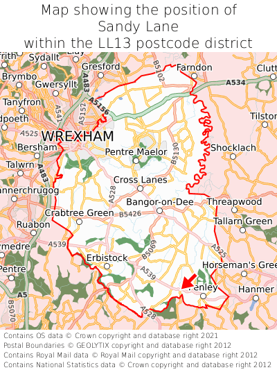 Map showing location of Sandy Lane within LL13