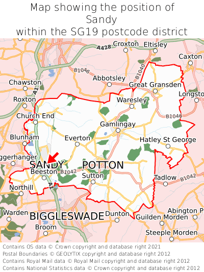 Map showing location of Sandy within SG19