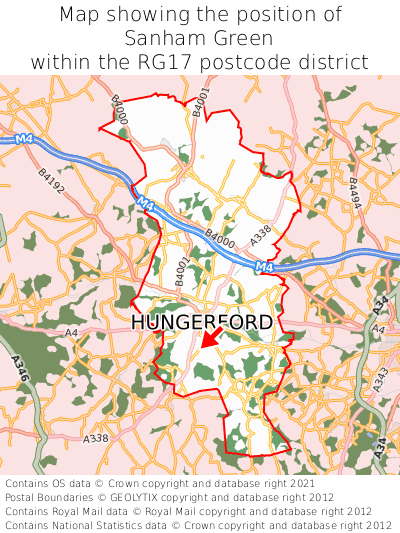 Map showing location of Sanham Green within RG17