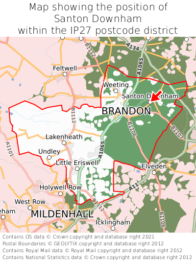 Map showing location of Santon Downham within IP27