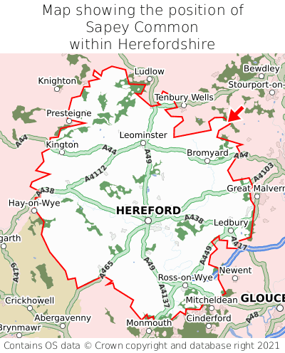 Map showing location of Sapey Common within Herefordshire