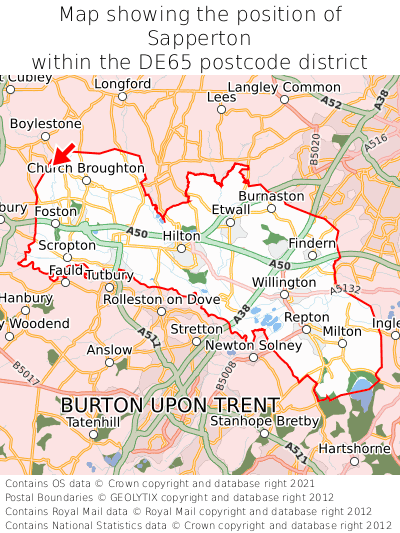 Map showing location of Sapperton within DE65