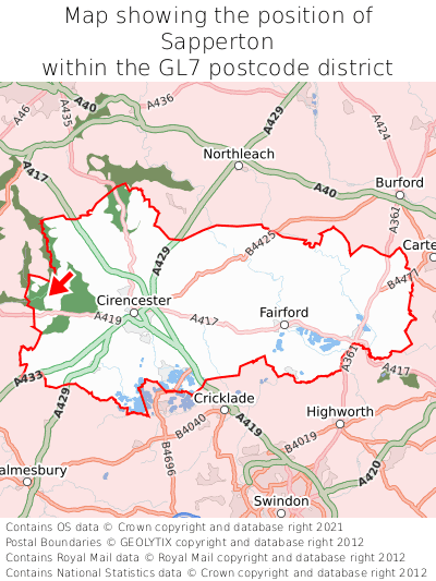 Map showing location of Sapperton within GL7