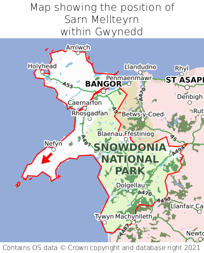 Map showing location of Sarn Mellteyrn within Gwynedd