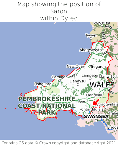 Map showing location of Saron within Dyfed