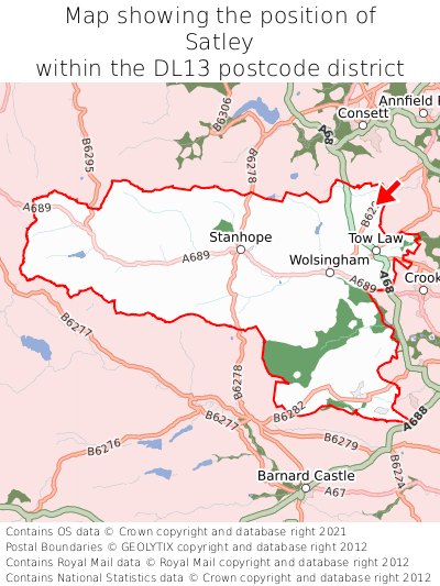 Map showing location of Satley within DL13