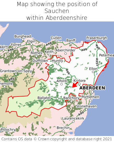 Map showing location of Sauchen within Aberdeenshire