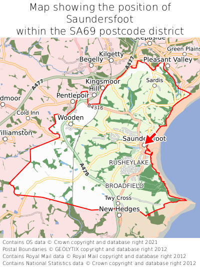 Map showing location of Saundersfoot within SA69