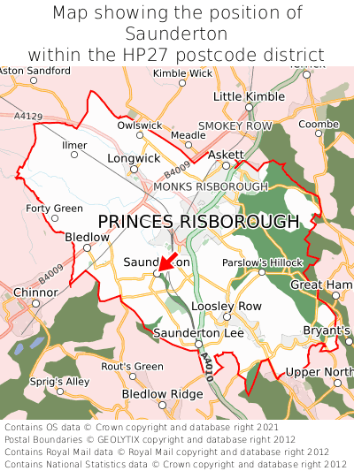 Map showing location of Saunderton within HP27