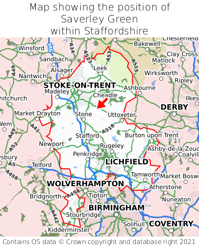 Map showing location of Saverley Green within Staffordshire