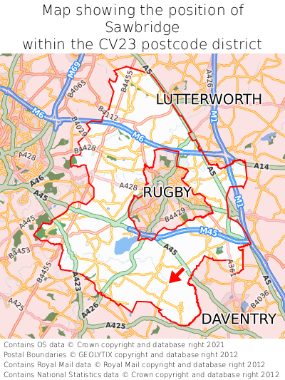 Map showing location of Sawbridge within CV23
