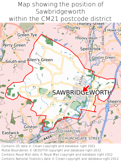 Map showing location of Sawbridgeworth within CM21