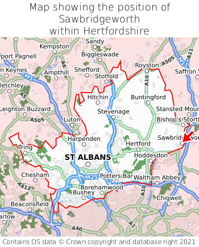 Map showing location of Sawbridgeworth within Hertfordshire