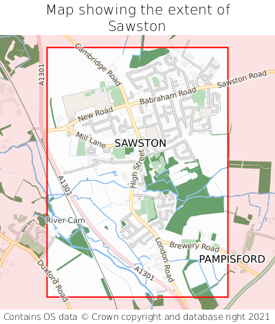 Map showing extent of Sawston as bounding box