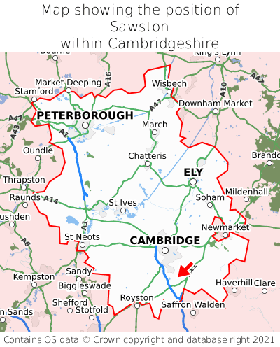Map showing location of Sawston within Cambridgeshire