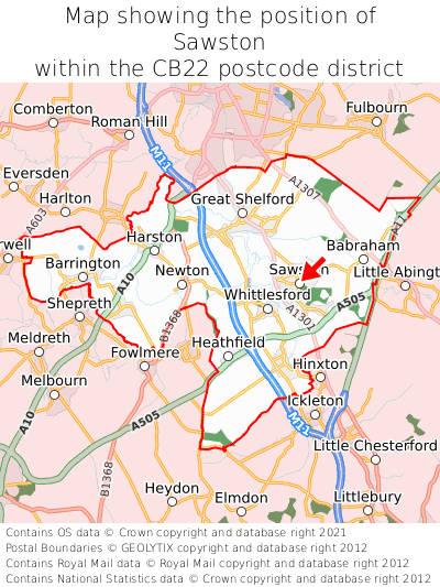 Map showing location of Sawston within CB22