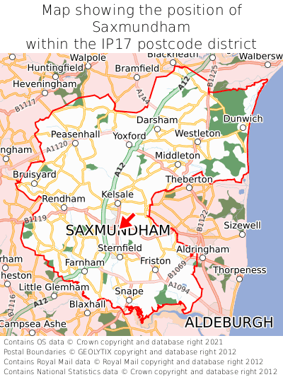 Map showing location of Saxmundham within IP17