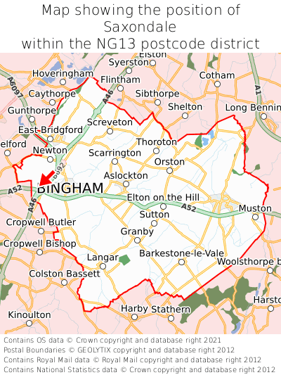 Map showing location of Saxondale within NG13