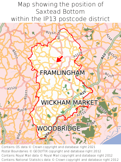 Map showing location of Saxtead Bottom within IP13