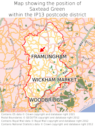 Map showing location of Saxtead Green within IP13