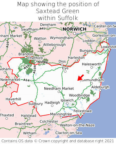 Map showing location of Saxtead Green within Suffolk