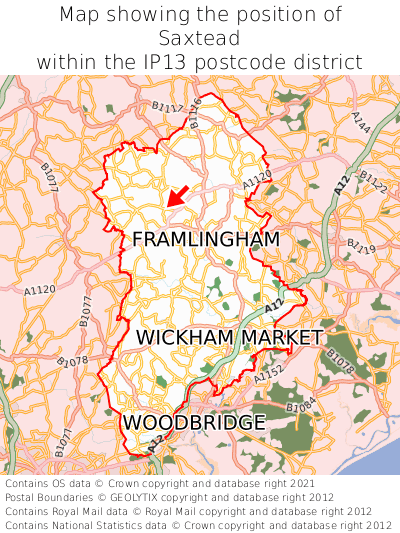 Map showing location of Saxtead within IP13